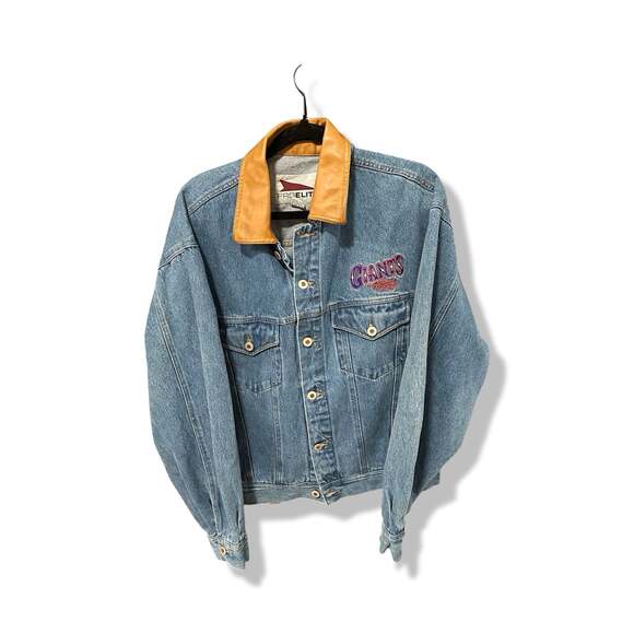 Pro Elite Other - Vintage Pro Elite New York Giants Embroidered Denim Jacket with Leather Collar